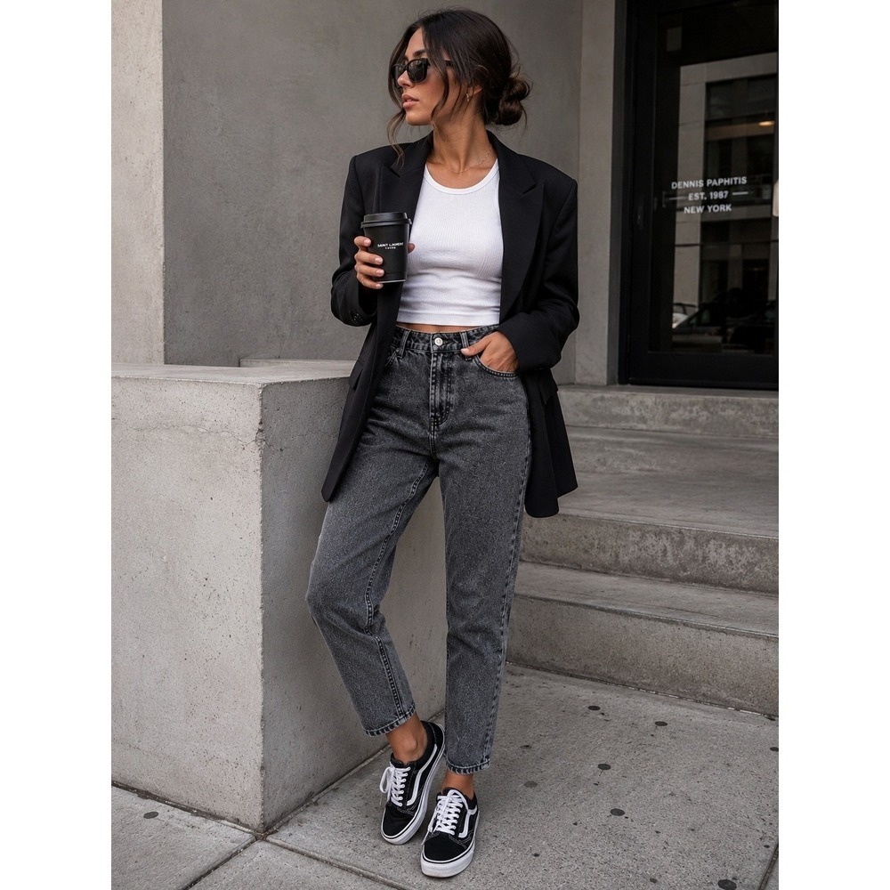 Zara Trafaluc Washed Charcoal Gray High Rise Straight Leg Mom Jeans Women 6
